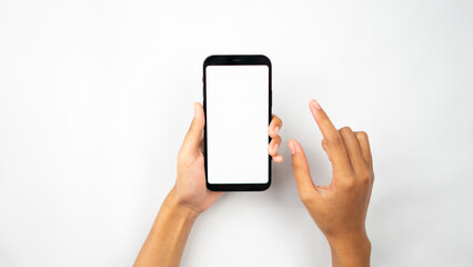 Hand holding smartphone and pinch isolated