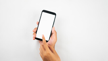 hands holding and show smartphone in white screen