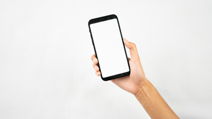 Right hand holding blank smartphone isolated for interface mockup
