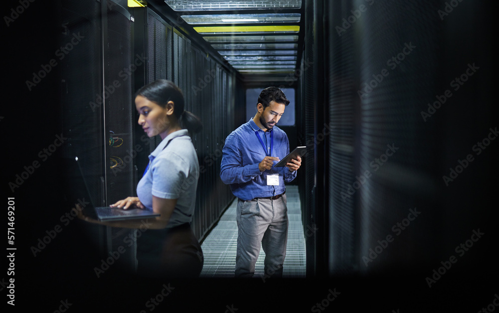 Aufkleber Man, woman or technology in server room, IT engineering or software programming for cybersecurity, analytics or database safety. Data center, programmer or coding developer on cloud, laptop or tablet