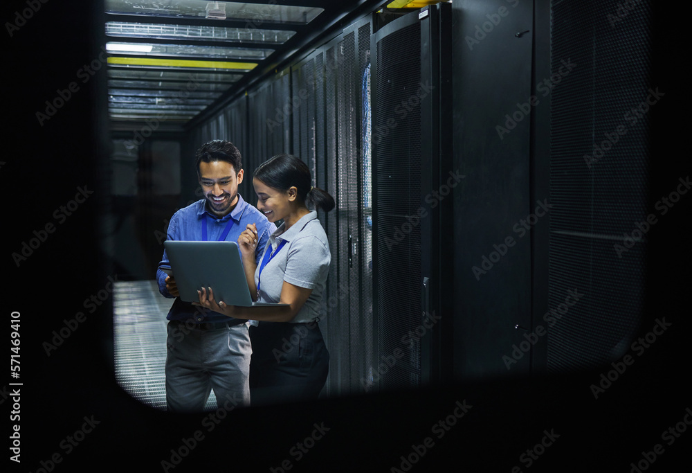 Poster Server room, technician people and laptop for software management, system upgrade or cyber security. Teamwork, data center and engineer or programmer employees, information technology and programming