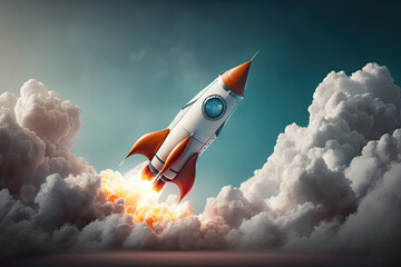 Naklejka na ściany i meble 3d Space rocket flying toward the clouds believable rocket icon Having a successful company concept is a challenge. launching a fresh project start up concept, generative AI