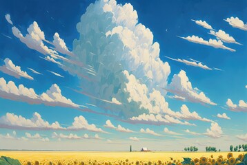 Rural picturesque farm in summer with vibrant vivid yellow sunflowers. Warm, sunny and wholesome countryside scenery with breathtakingly beautiful cumulus clouds far into the horizon - generative AI