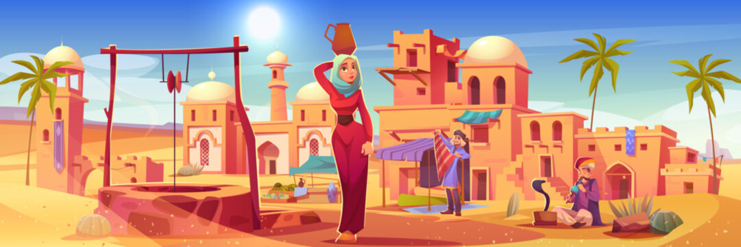 Ancient Arab City With Old Houses And Buildings In Desert. Arabian Town Landscape With Market, Water Well, Mosque And Woman With Jug On Head, Vector Cartoon Illustration