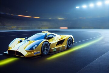 Obraz na płótnie Canvas Modern generic yellow sports racing car driving fast on a track with bright lights. Realistic 3d rendering. Generative AI