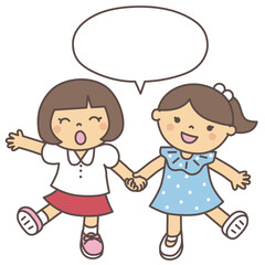 女の子　手をつなぎ　楽しそう　歩く　仲良し　お友達　ふきだし