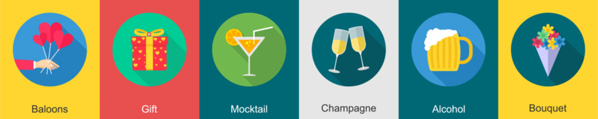 A set of 6 Party icons as balloons, gift, mocktail