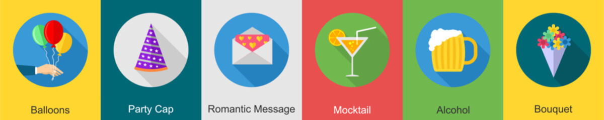 A set of 6 Party icons as balloons, party cap, romantic message