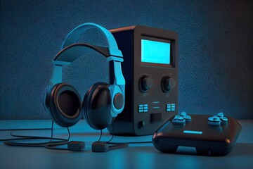 Gamers kit with headphones, geypad and game console, generative AI