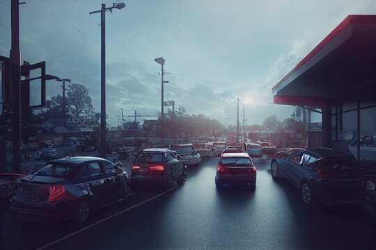 Generic Drive Thru Pickup Window With Cars Waiting In Line To Get Their Products Or Food. Generative AI