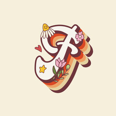 Groovy retro hippie stylized Initial Letter F with flowers. Seventies letter for nostatgic print or poster.
