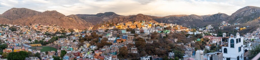 Very beautiful view of the city at sunset in the Mexican city of Guanajuato surrounded by large...