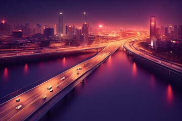 Fototapeta na wymiar Asphalt road and bridge with city skyline at night in Shanghai, China. Generative AI