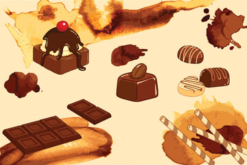 sweet delicious chocolate cake dessert cookies biscuit cracker set vector brown watercolor brush background