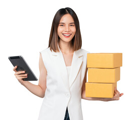 Naklejka na ściany i meble Smiling beautiful Asian woman holding cardboard boxes and hands show digital tablet on bscreen background, PNG transparent, Concept delivery online.