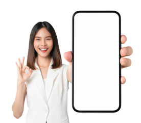 Beautiful Asian woman holding smartphone mockup of blank screen and shows ok sign on screen background, PNG transparent.