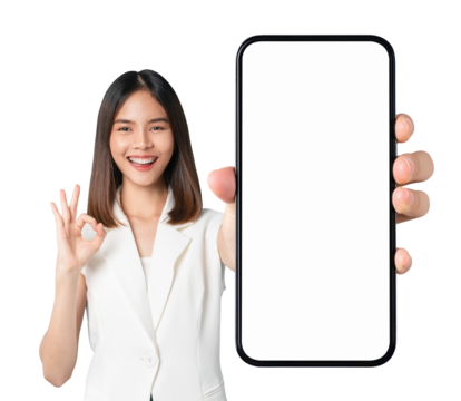 Beautiful Asian woman holding smartphone mockup of blank screen and shows ok sign on screen background, PNG transparent.