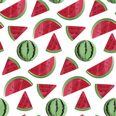 Watermelon vector Seamless pattern. Watermelon, whole, sliced, halves, slices, quarters, seeds, inflorescence and leaves for fabric, tablecloth, kitchen textiles, for clothing, wrapping paper.