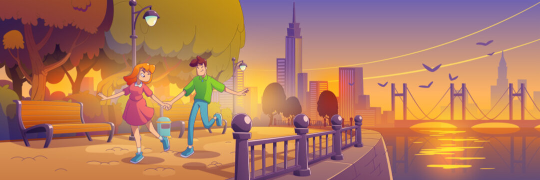 Couple walking on city waterfront street on sunset cartoon background. Seaside park landscape with happy romantic date. River pier in town forest. Boulevard panorama with scyscrapper buildings.