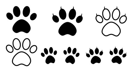 Dog, cat, bear, paw silhouette on transparent background. Paw print and icons set.  © paulmalaianu