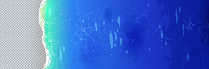 Top view of sea waves on transparent background. Cartoon isolated water texture with white foam splash. Blue ocean nautical frame for flyer tropical design or travel promo. © klyaksun