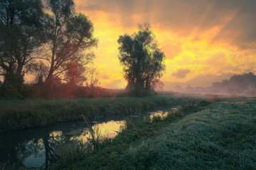 Gorgeous sunrise on a green country summer grass field with dew drops on the bank of a small river.