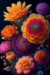 Colorful flowers on a black background 