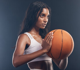 Basketball player, sports training and studio woman for wellness challenge, practice game or...
