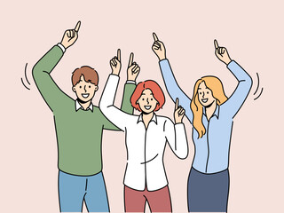 Happy people dancing together enjoying Friday. Smiling businesspeople or employees have fun at workplace. Vector illustration. 