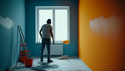 Man makes repairs in new apartment. Male paints walls with spray gun. Generative AI.