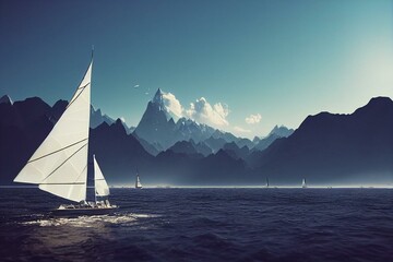 Fototapeta na wymiar View of sailboat sailing along with sails up and tilted by the wind. Blue skies and mountains in the foreground. Generative AI