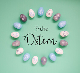 Easter Egg Decoration, Flat Lay, Frohe Ostern Means Happy Easter