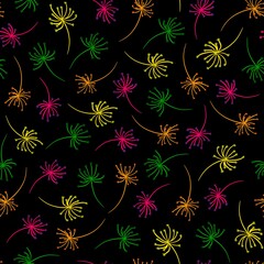 Vector pattern of colored lights on a black background. Colored lights in the dark. Black fore with lights.
