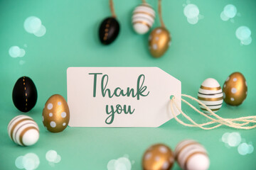 Golden Easter Egg Decoration. Label With English Text Thank You