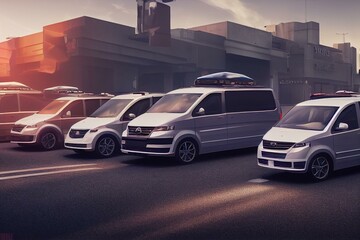Plakat Dark colored passenger vans in a parking lot. Generative AI