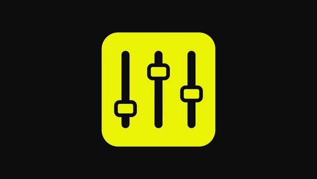 Yellow Sound mixer controller icon isolated on black background. Dj equipment slider buttons. Mixing console. 4K Video motion graphic animation