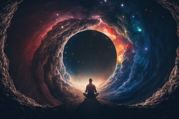 Meditating man in yoga lotus pose is traveling in neverending cosmos. Soul healing energy. generative AI digital illustration.