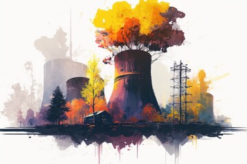 
Drawing of an abandoned nuclear power plant in a watercolor style. The tree grows on the chimney of a nuclear power plant. Generative AI