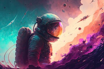 
A man in a spacesuit against the background of bright, colorful clouds. Astronaut close-up. Generative AI