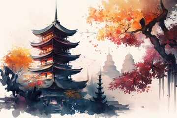 Eastern architecture is painted in watercolor. A building with a pagoda surrounded by flowering trees. Generative AI