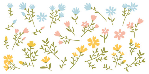 A large set of 30 elements of hand-drawn spring flowers in yellow, blue and pink colors. Stickers for spring holidays. March 8, Mother's Day, Easter. Printing on textiles and paper