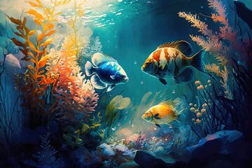 Fototapeta na wymiar Seabed with colorful fish, marine plants. Generative AI