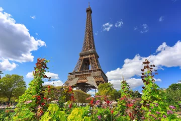Poster de jardin Paris Eiffel Tower in summer season with flowers blooming, Paris. France