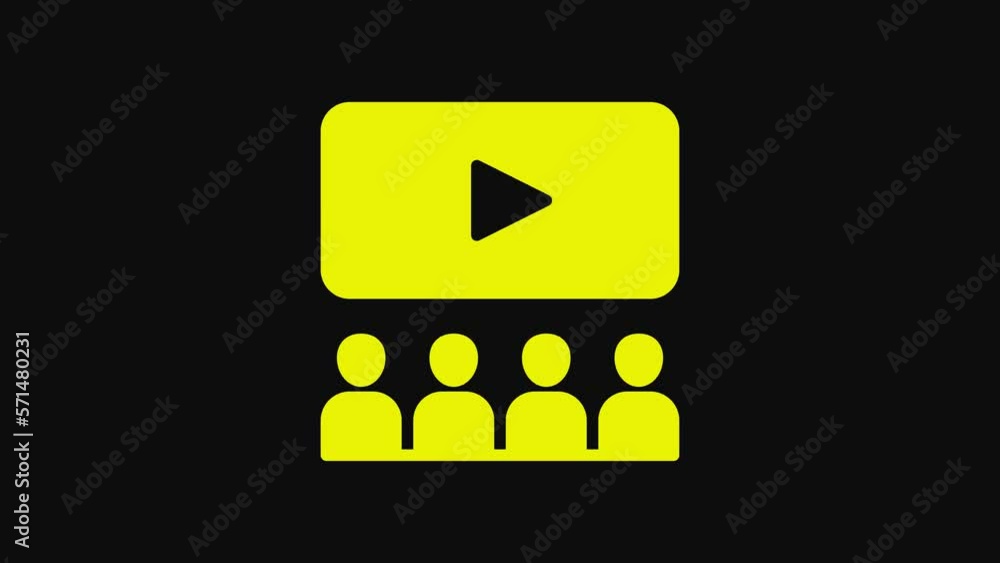 Poster Yellow Cinema auditorium with screen icon isolated on black background. 4K Video motion graphic animation