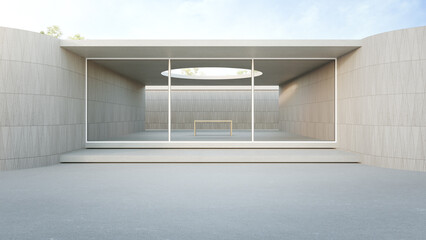 Minimal architecture design 3D rendering of modern building. Empty floor for car park and concrete wall background.