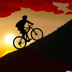 Best Scene Man Riding a Bicycle Going Top to a Hill at Epic Sunset Illustration Background AI
