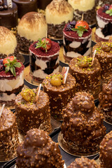 Types of cakes. Delicious cakes in bulk at the patisserie counter. close up
