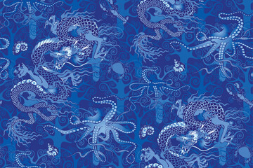 Pattern of asian dragon, octopus and sea voyages. Vector illustration.