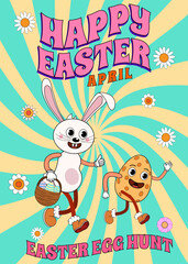 Happy Easter Groovy cartoon poster retro. Funny bunny with egg, Easter egg hunt