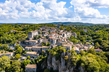 Fototapeta na wymiar Aerial view of Balazuc, one of the most beautiful village in Ardeche, South of France